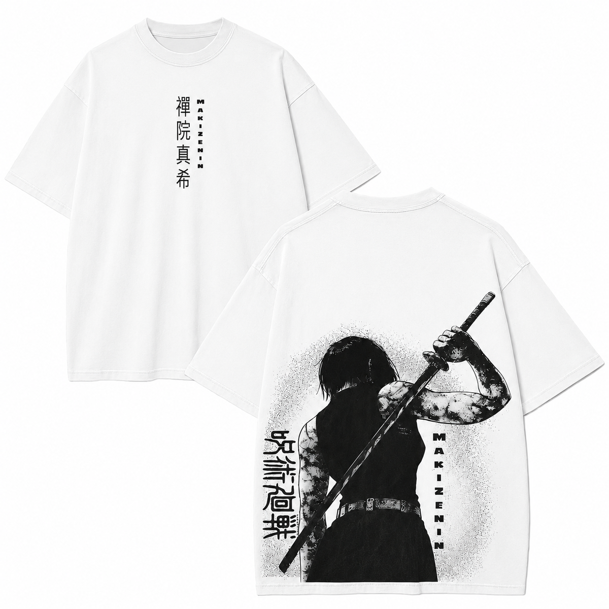 American-style acid-washed distressed *Jujutsu Kaisen* Maki Zenin graphic T-shirt (front & back print); heavyweight, oversized, dark-aesthetic anime tee—unisex vintage style.