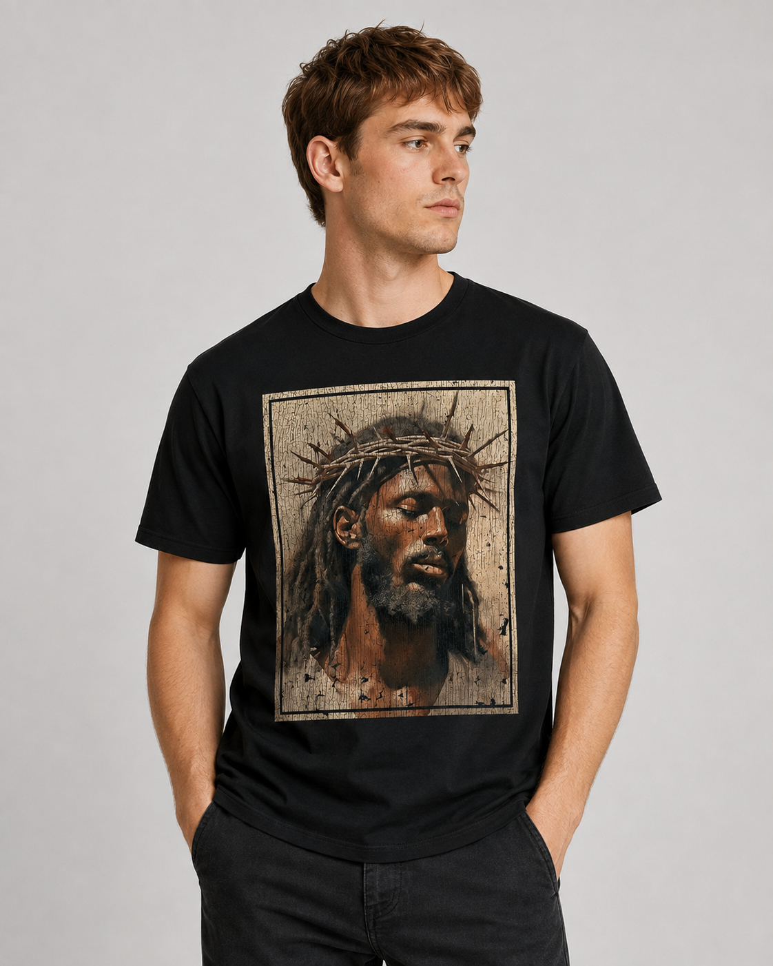 Vintage-Wash Short-Sleeve T-Shirt | Oversized Unisex Fit – Distressed Print Featuring "Black Jesus" with Crown of Thorns