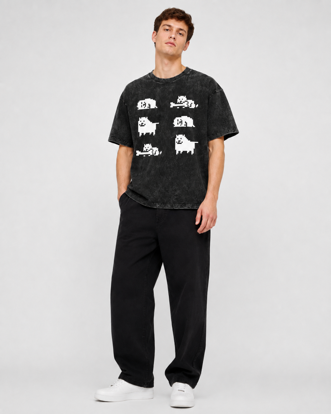 Vintage-Wash Oversized Short-Sleeve T-Shirt | Unisex — Playful Pixel Dog Graphic (Undertale-Inspired)