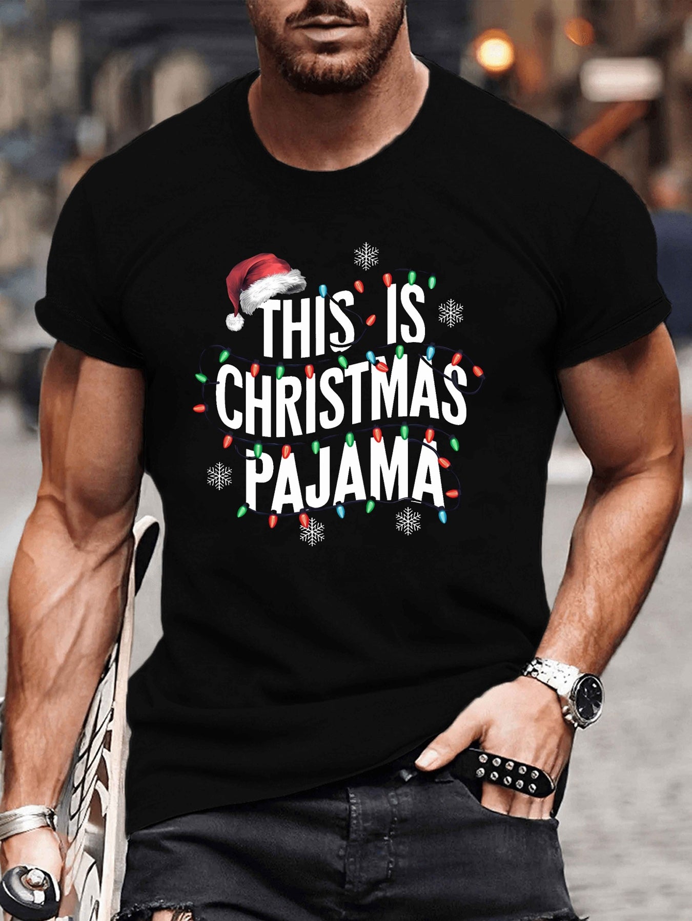 Men's casual daily cotton T-shirt 180g pure cotton oversized Christmas theme creative modern style fashionable versatile top men's T-shirt pure cotton short sleeved summer casual short sleeved T-shirt all season universal