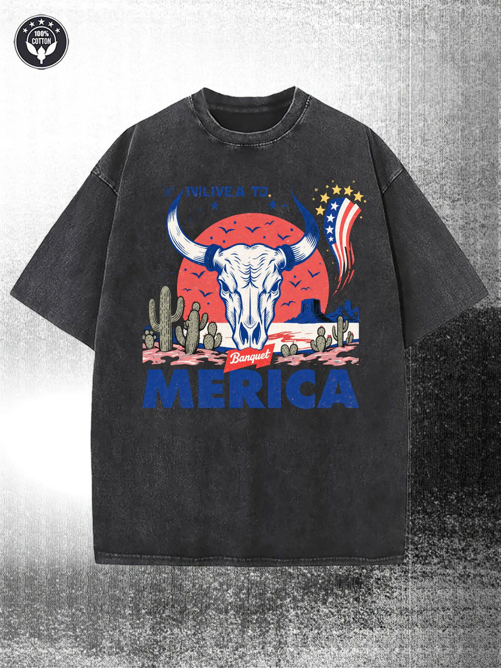 Men's Retro Western Patriotic 230G Heavy Washed with Cow Head and American Flag Pattern, Eye-Catching Merica Letters, Cactus and Cowboy Hat Design Red White Blue Casual Street Style, Suitable for July 4, Barbecue and Outdoor Activities(Re