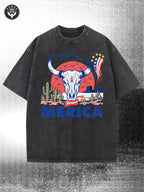 Men's Retro Western Patriotic 230G Heavy Washed with Cow Head and American Flag Pattern, Eye-Catching Merica Letters, Cactus and Cowboy Hat Design Red White Blue Casual Street Style, Suitable for July 4, Barbecue and Outdoor Activities(Re