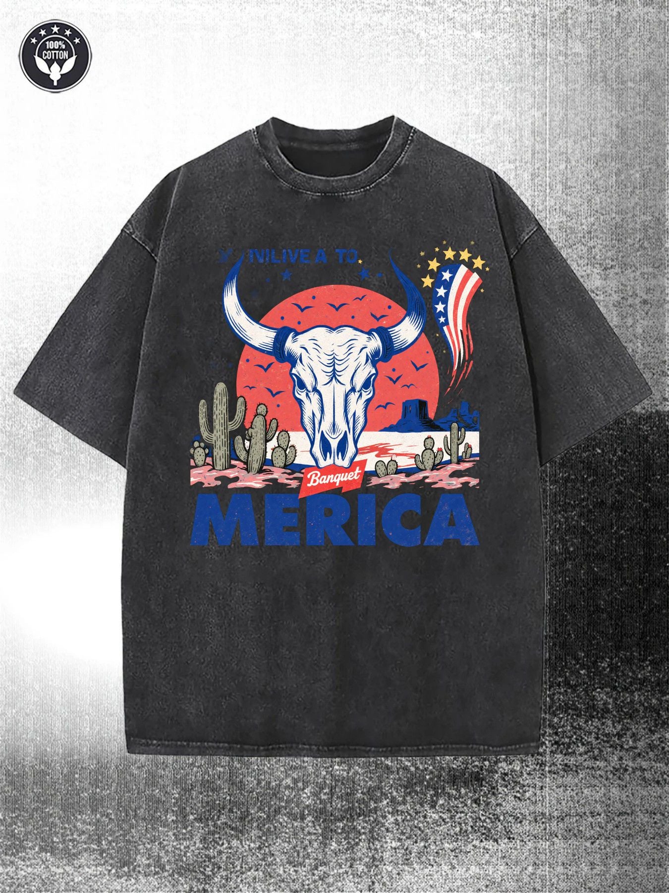 Men's Retro Western Patriotic 230G Heavy Washed with Cow Head and American Flag Pattern, Eye-Catching Merica Letters, Cactus and Cowboy Hat Design Red White Blue Casual Street Style, Suitable for July 4, Barbecue and Outdoor Activities(Re