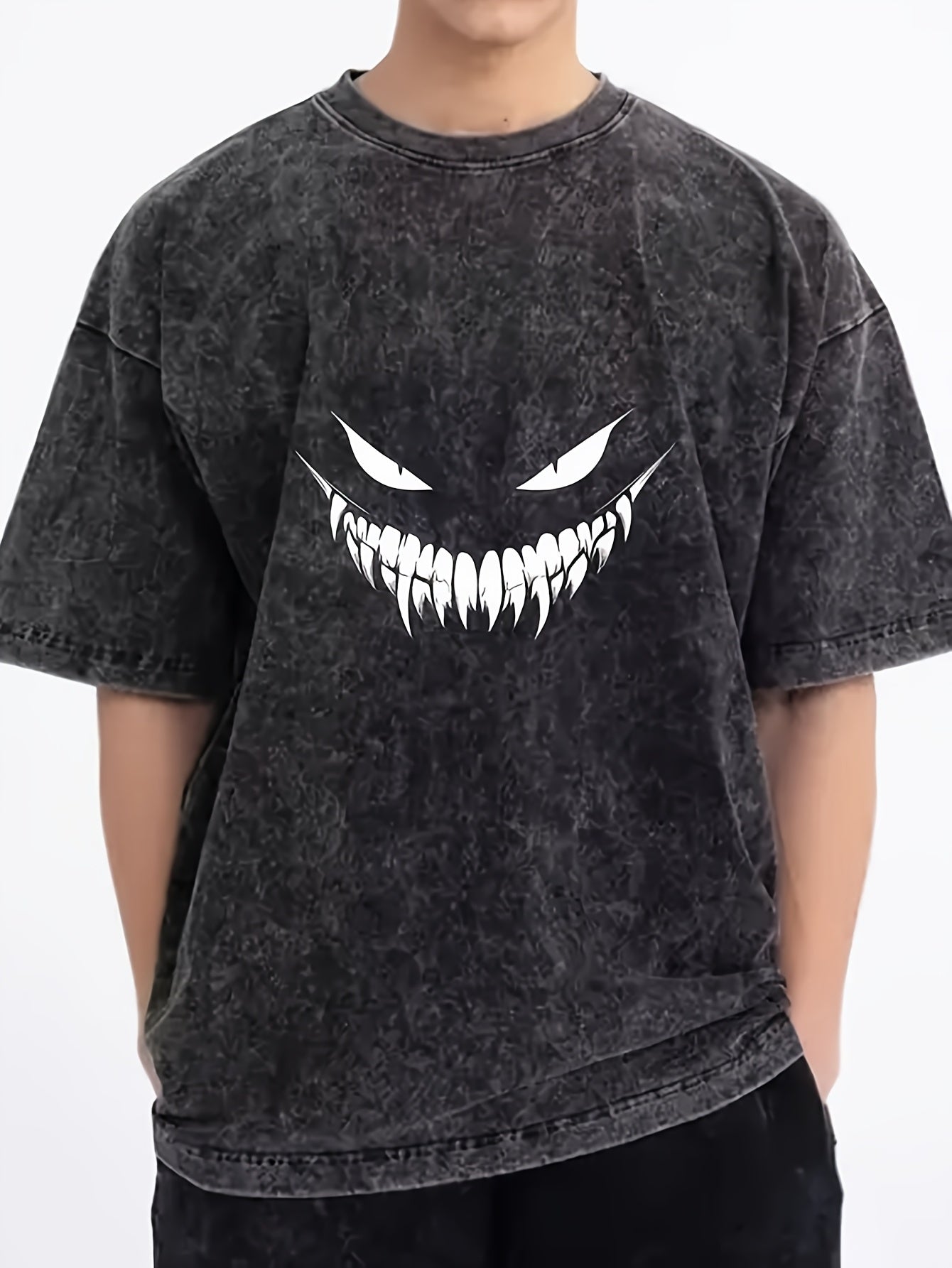 Men'S Halloween 230GSM Heavy Washed Horror Pattern Loose Round Neck Top | Casual Wear, Machine Washable, Bold Print Design, Soft Fabric, Suitable for Outdoor Activities and All-Season Use