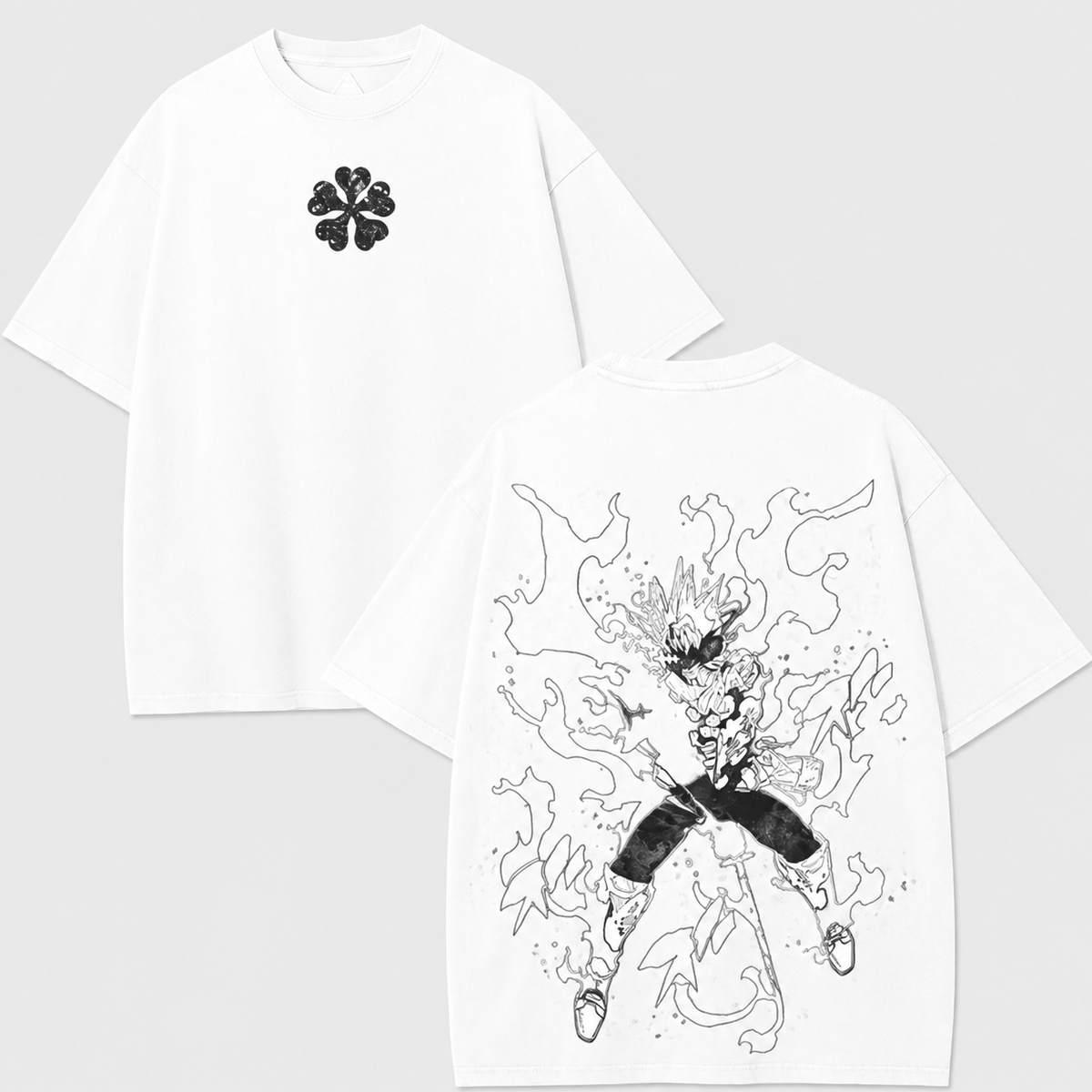 Vintage-style stone-washed black short-sleeve tee featuring a clover/four-leaf clover emblem print; heavyweight, drop-shoulder design with an anime-inspired streetwear aesthetic.