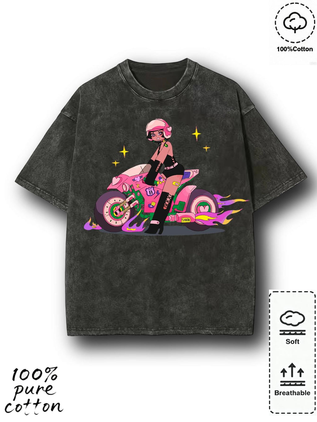 Retro washed couple T-shirt | Motorcycle girl flame print round neck short sleeved regular length trendy cool sweet and spicy style pulled full