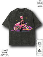 Retro washed couple T-shirt | Motorcycle girl flame print round neck short sleeved regular length trendy cool sweet and spicy style pulled full