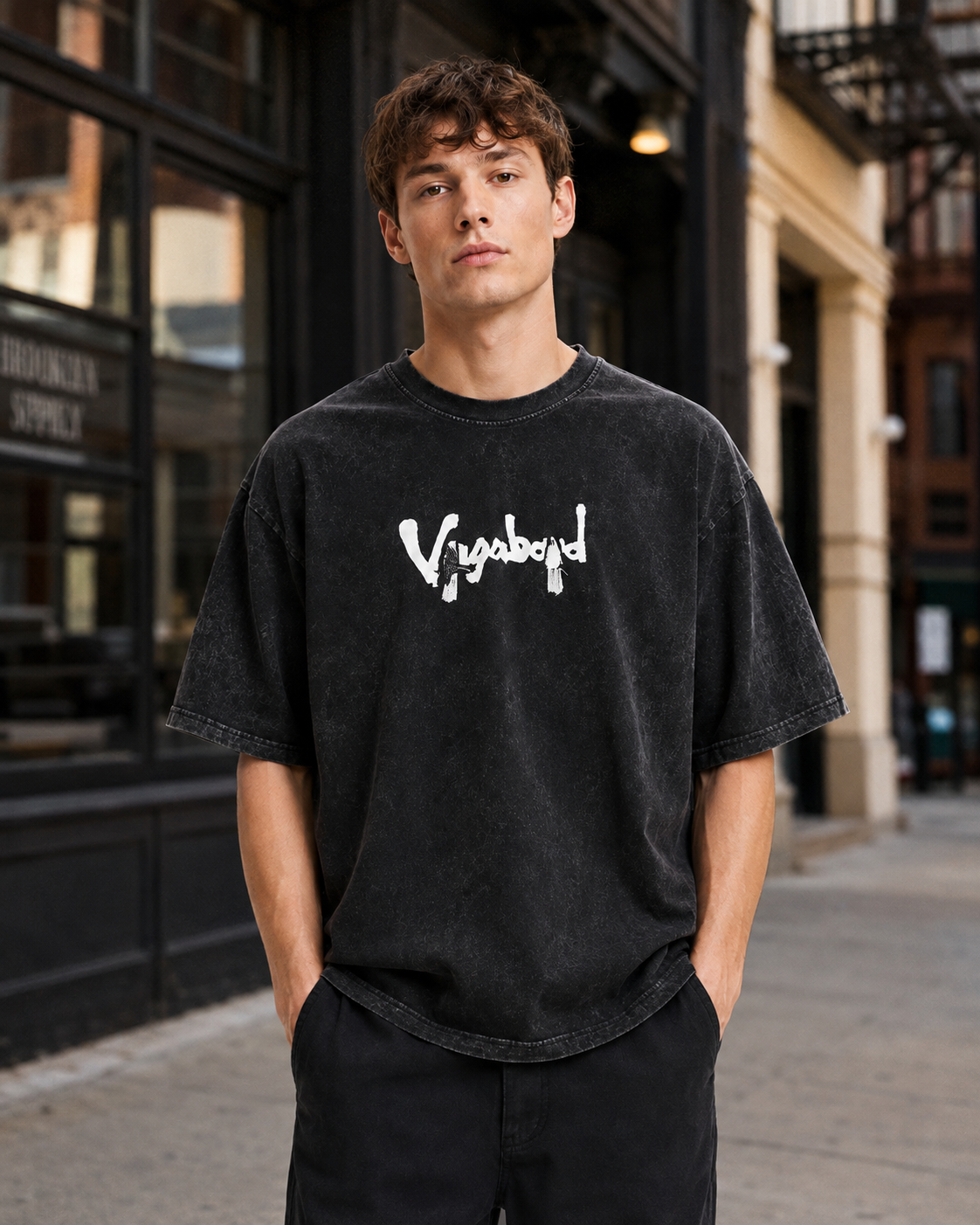 Vintage-Wash Short-Sleeve T-Shirt | "Vagabond" Samurai & Peony Double-Sided Art Print | Unisex Oversized Fit
