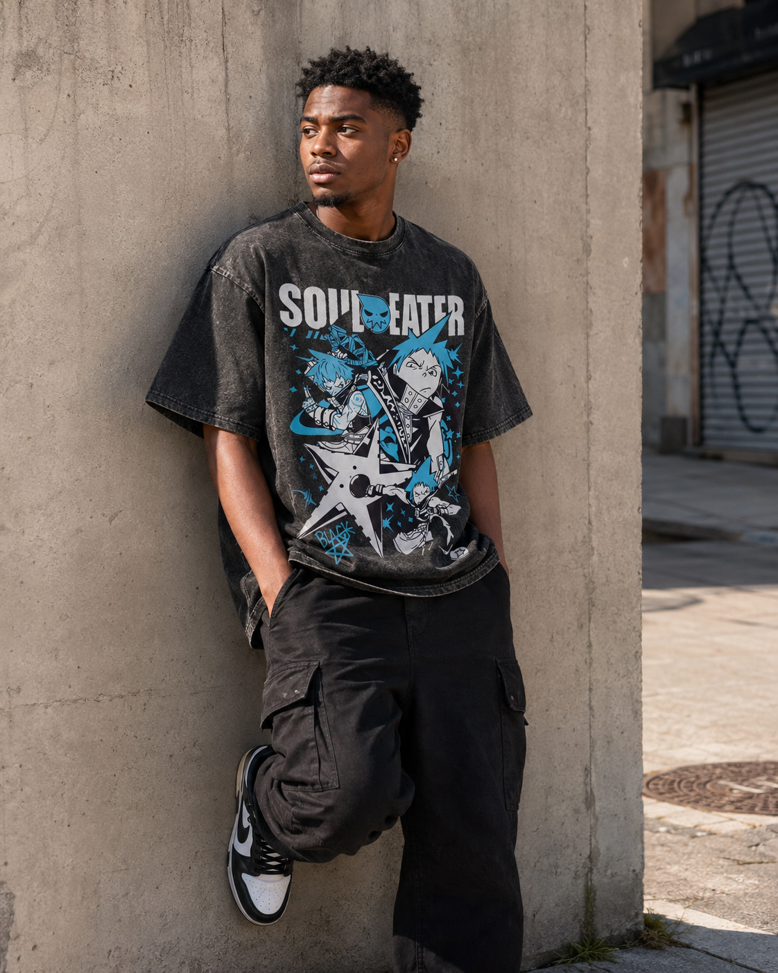 Vintage-Wash Oversized Short-Sleeve T-Shirt | Soul Eater Anime Print | Unisex American-Style Loose Fit