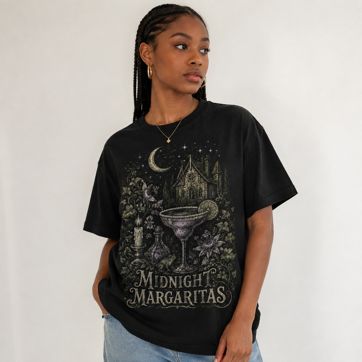 Women's Loose Oversized Washed-Finish Cotton T-Shirt with Dark Retro "Midnight Margarita" Print