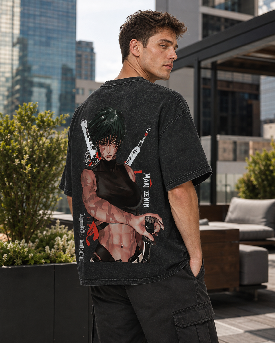 Vintage-Wash Short-Sleeve T-Shirt | *Jujutsu Kaisen* Maki Zenin Double-Sided Print – Oversized Unisex Tee with Large Anime Graphic