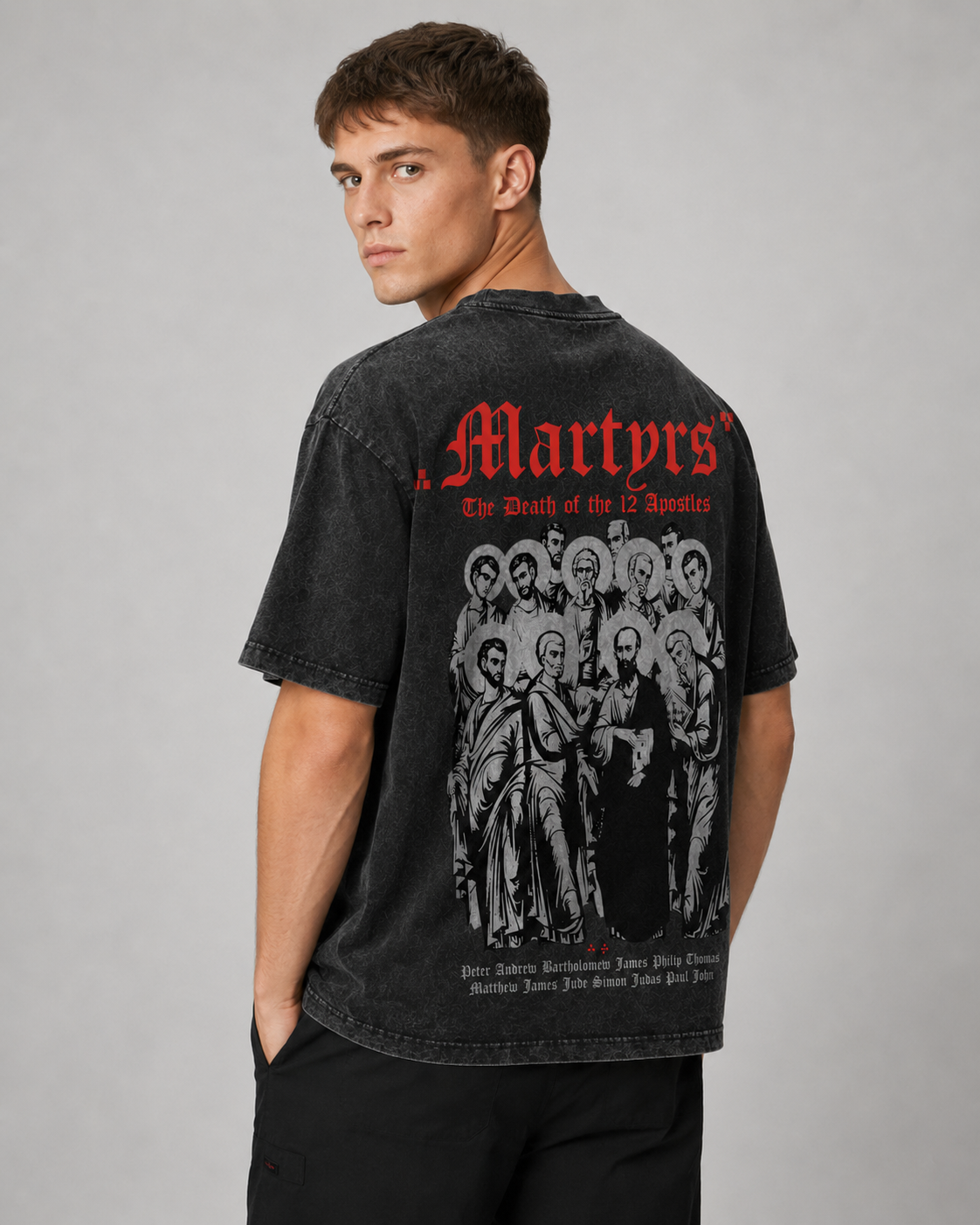 Vintage-Washed Short-Sleeve T-Shirt | "Twelve Holy Martyrs" Cross – Dark Religious Motif – Double-Sided Print – Oversized Unisex Fit