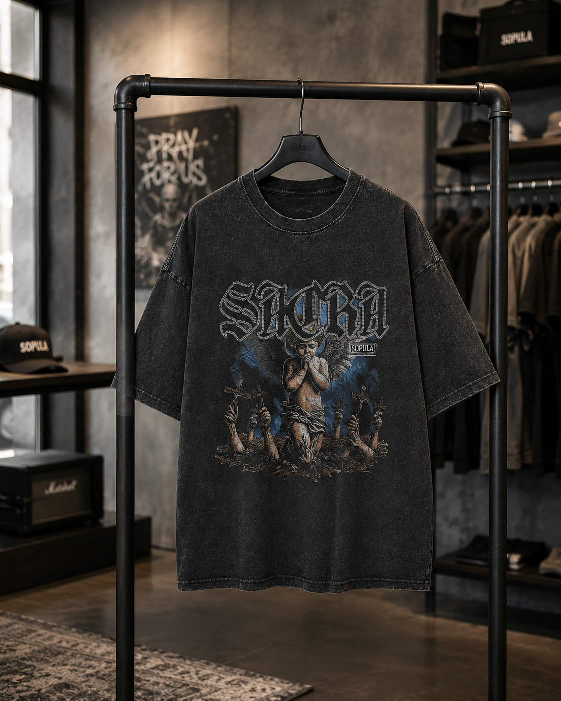 American-style vintage "dirty-wash" Angel-print T-shirt—a versatile, distressed, and faded unisex short-sleeve tee; a perfect choice for summer.