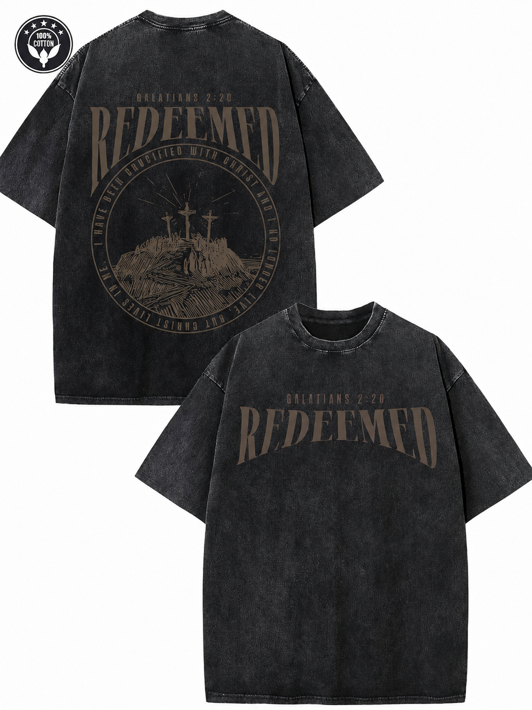 American-style acid-washed distressed short-sleeved shirt with Galatians verse and cross print on the front and back. Heavy wash, oversized, unisex religious T-shirt.