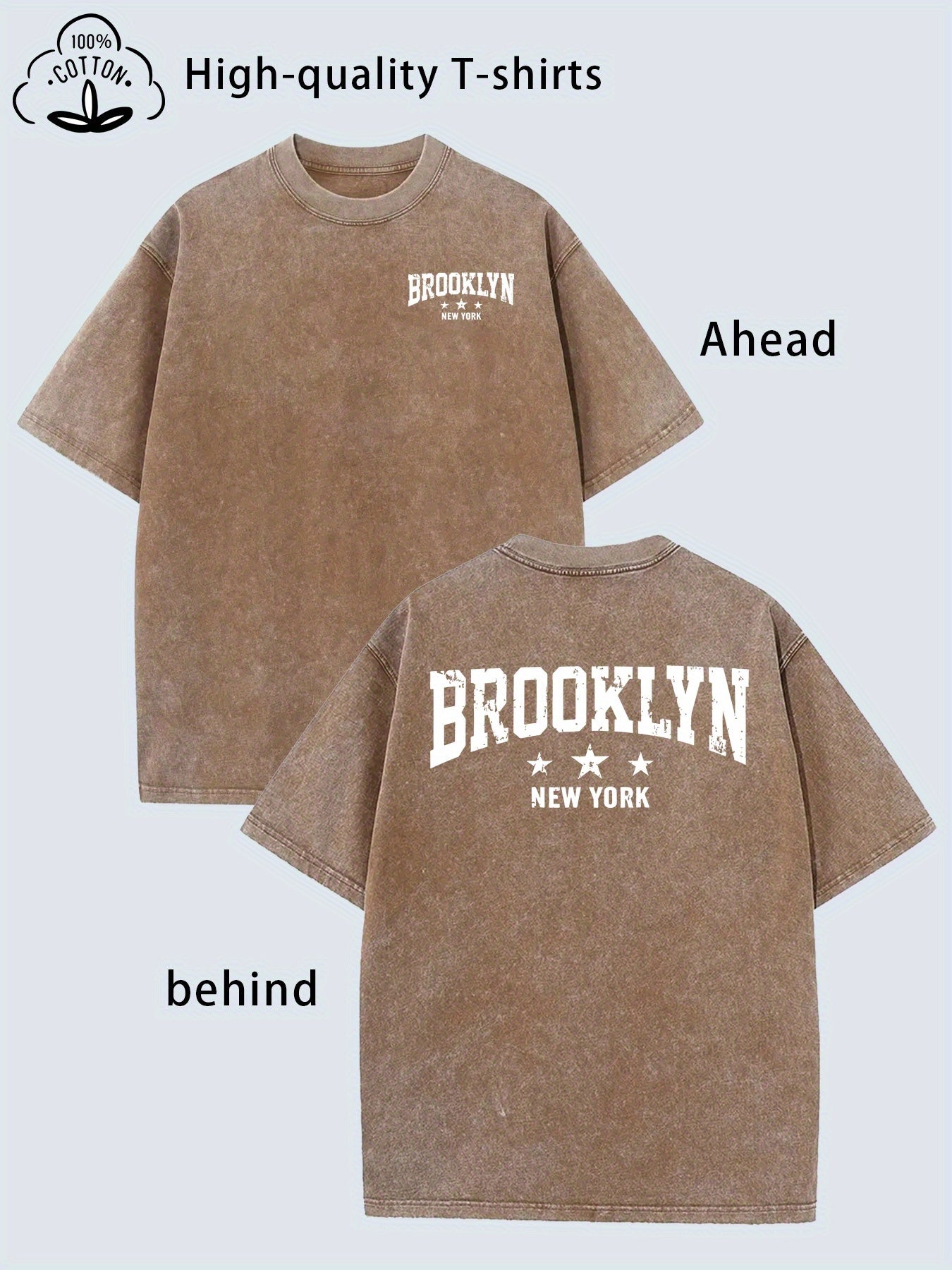 Men's Heavyweight Vintage Brooklyn New York T-Shirt - Double-Sided Retro Washed Tee with Oversized Fit, Soft Breathable Fabric, Casual Streetwear Short Sleeve Shirt for All-Season Wear
