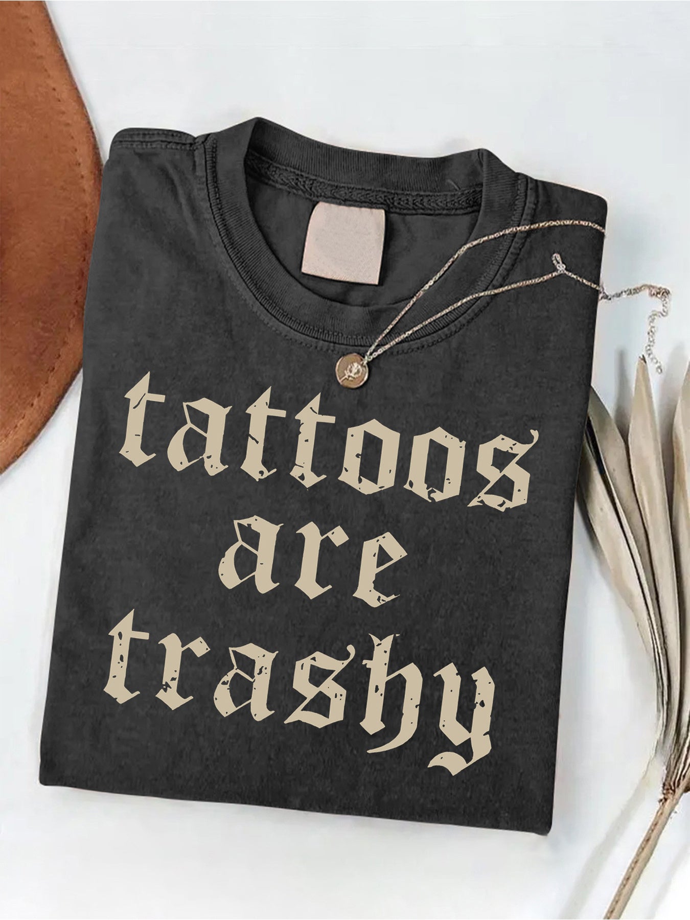 Men'S Vintage Washed 230gsm Heavyweight 100% T-Shirt with "Tattoos Are Trashy" Slogan Print - Oversized Casual Round Neck Short Sleeve, Breathable & Sweat-Absorbent, All-Season Comfort, Machine Washable, Perfect Gift for Holidays, Birthdays