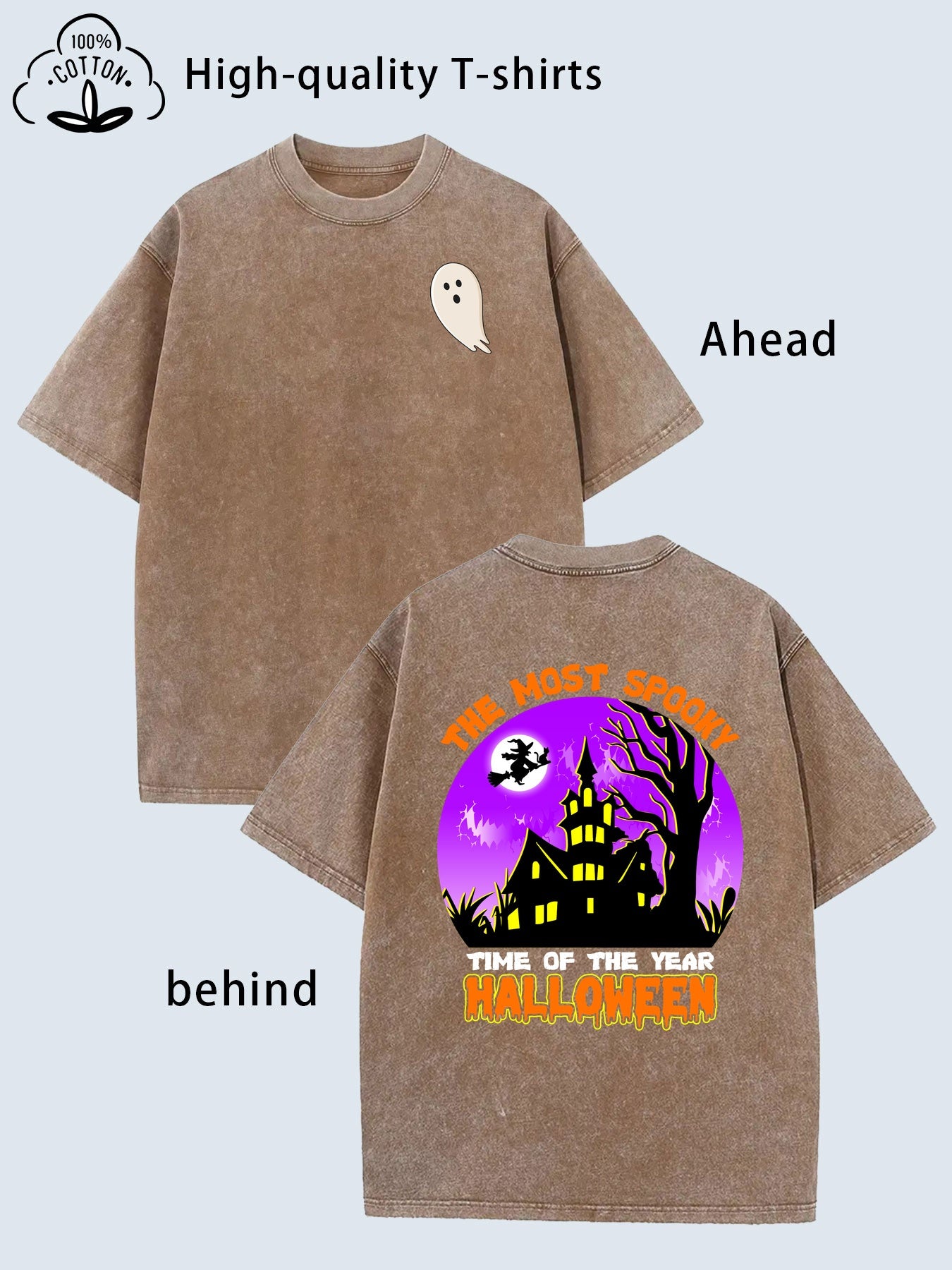 Halloween Theme Front and Back Pattern Print Men'S Fashion | High-Quality Heavy Washed Vintage Distressed Crew Neck Loose Fit Short Sleeve, Street Retro Style Trendy Men'S Clothing