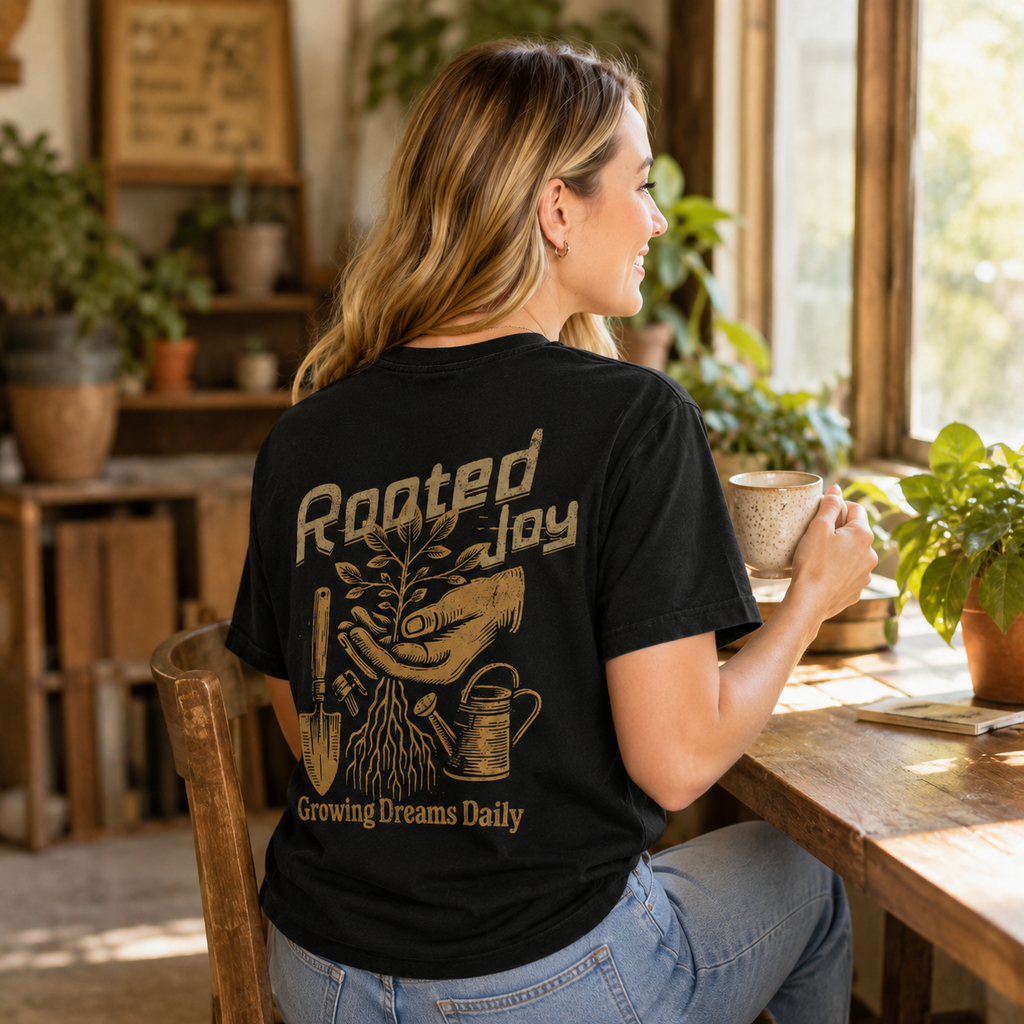 "Rooted Joy" Vintage-Style Relaxed Fit Cotton T-Shirt – Featuring a Back Graphic of Hands Holding a Sapling (Soothing/Nature-Inspired Aesthetic) – Unisex Short-Sleeve Tee