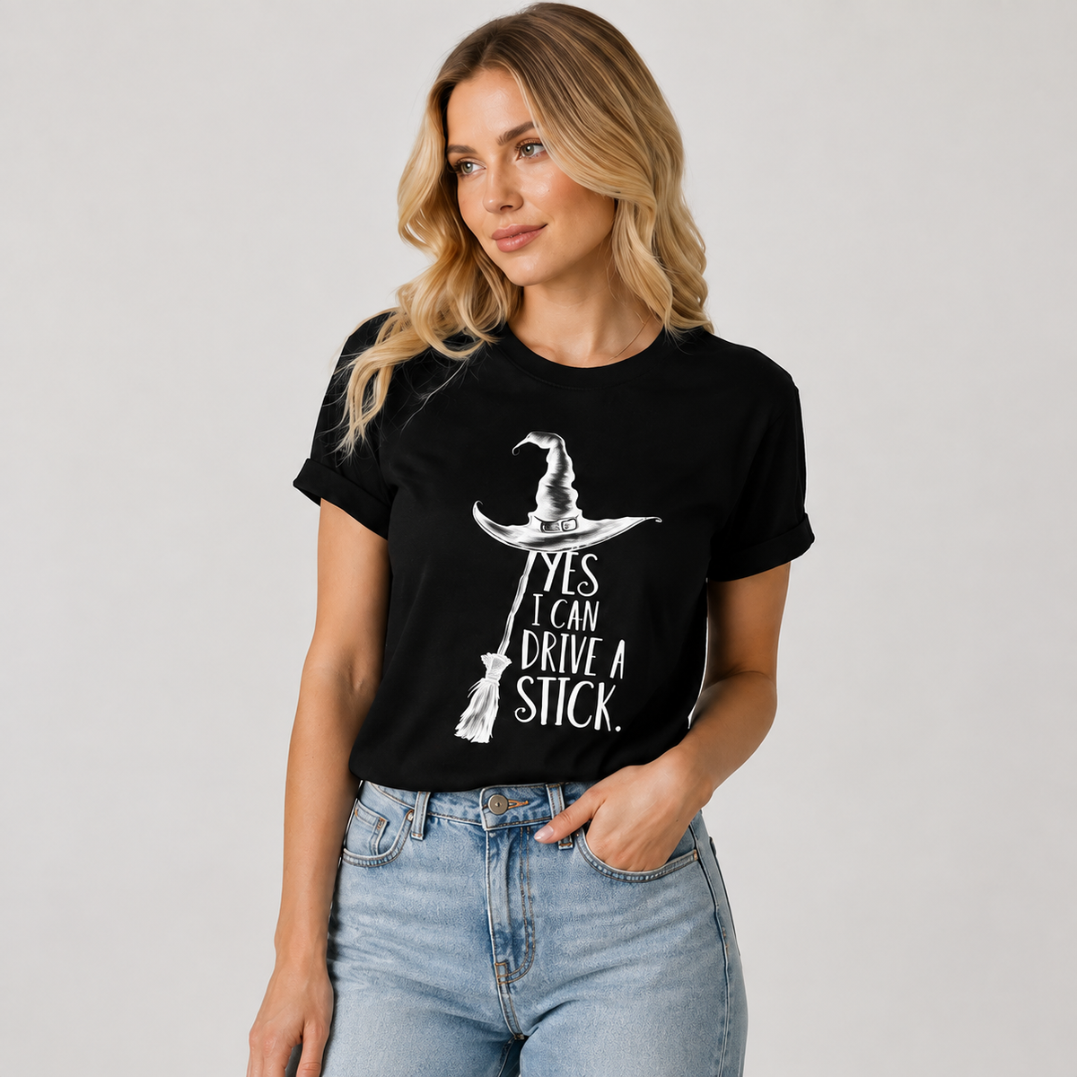 Women's Loose-Fit Oversized Cotton T-Shirt – Fun Halloween Graphic (Witch Hat & Broom)