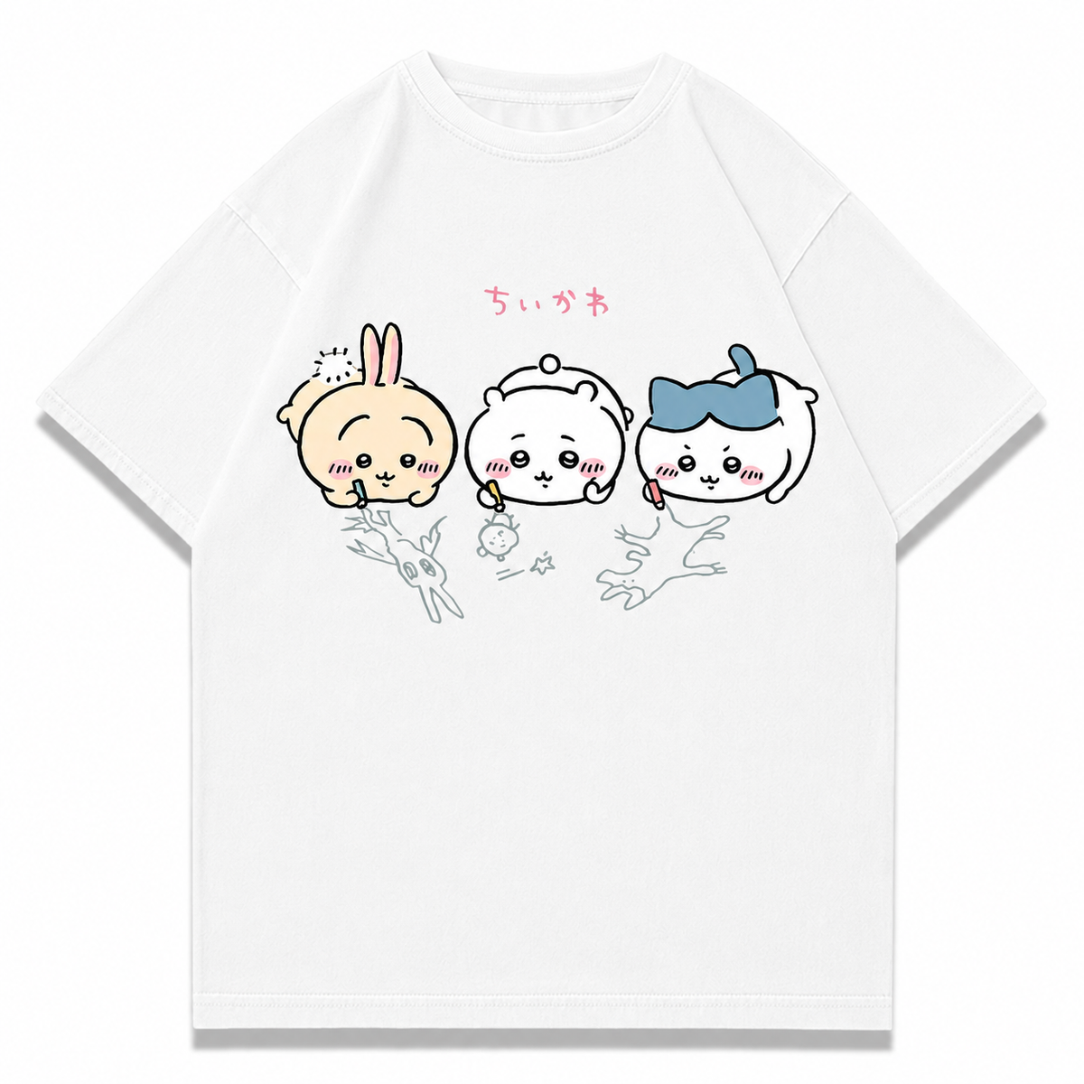Vintage-Wash Short-Sleeve T-Shirt | Cute Chiikawa Cartoon Print | American-Style Oversized Fit (Unisex)