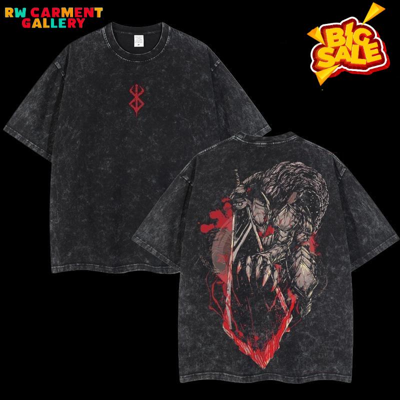 Retro Vintage Limited Black Swordsman "Guts" - Berserk Anime Double Printed Oversized Washed Tee Unisex Oversize Anime Manga Acid Washed Lightweight Cotton T-Shirt, Hoodies & Sweater Wash Gift For Anime Fan, Anime Lover TikTokShopBlackFriday