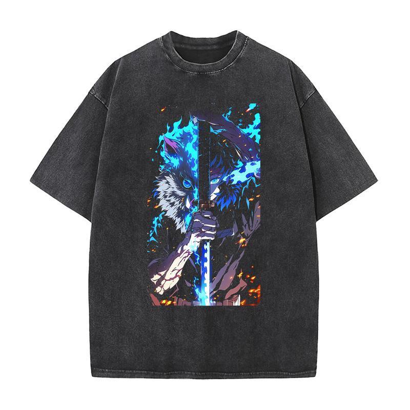 Hashibira Inosuke Demon Slayer Printed Tee Men Women Short Sleeve Cotton Tshirts Retro Washed T-shirt Harajuku Oversized T Shirt Menswear Top