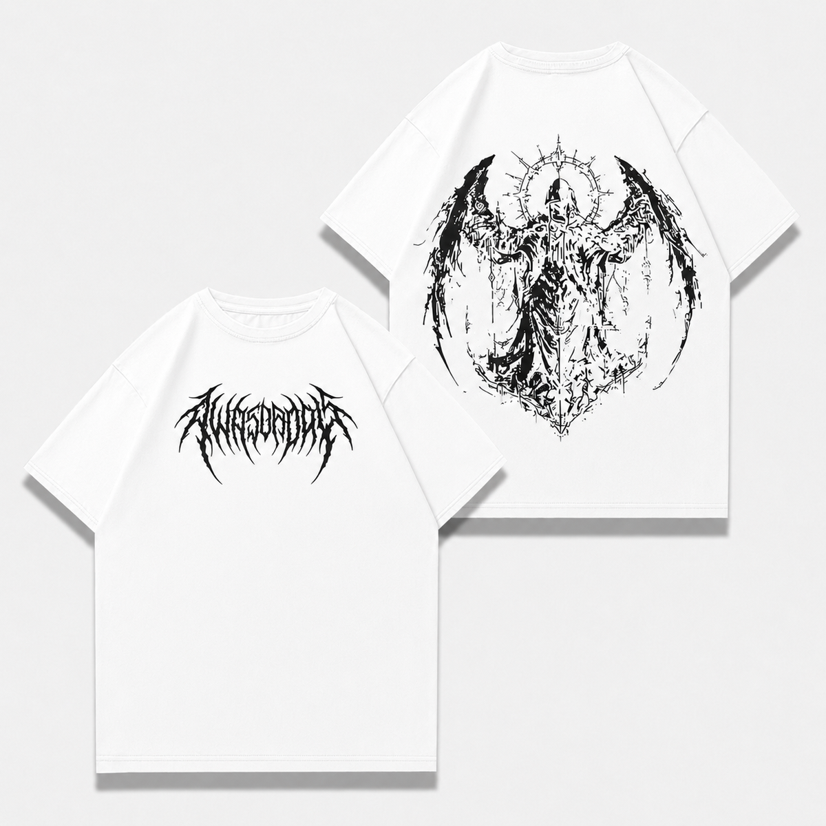Vintage-wash black T-shirt featuring double-sided prints of a fallen archangel with a thorn halo; dark, heavy metal, and gothic style; loose-fitting short-sleeve unisex design.