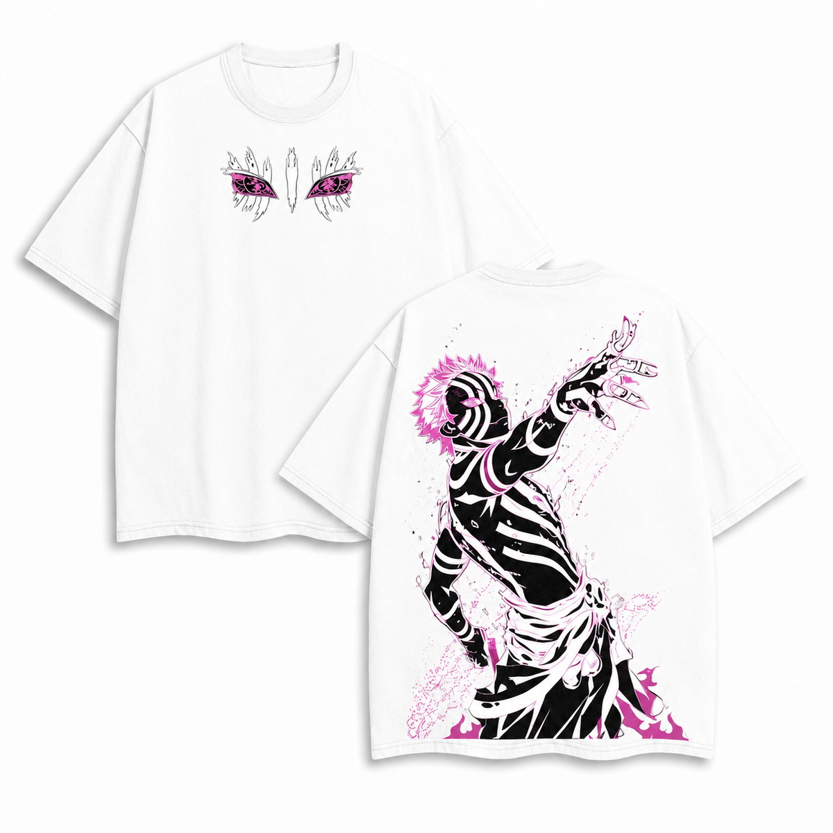 American-style acid-washed distressed Demon Slayer Akaza demon eye print short-sleeved T-shirt, heavyweight retro wash, oversized, unisex anime T-shirt.