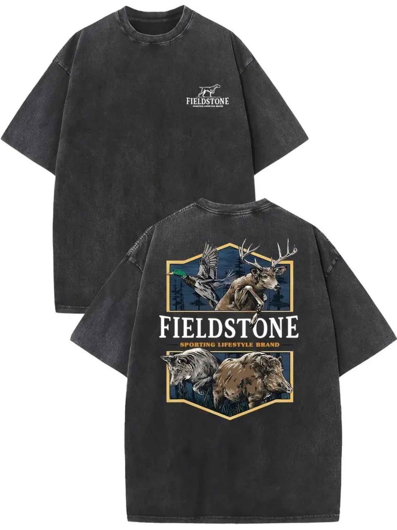Men'S 230g Heavyweight Vintage Hunting T-Shirt - Distressed Oversized Fit with Deer & FIELDSHONE Graphic Print, Black & Golden Retro Washed Tee for Outdoor, Hip-Hop & Casual Attire, All-Season Comfort, Machine Washable (Local Stock) - Ideal for Hunt