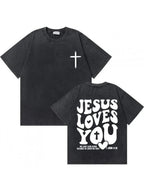 Couples Retro Washed Print T Shirt Cross Pattern White Graphic Crew Neck Short Sleeve Regular Length Straight Hem Religious Design
