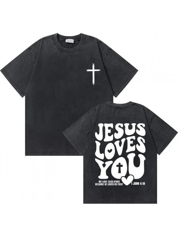 Couples Retro Washed Print T Shirt Cross Pattern White Graphic Crew Neck Short Sleeve Regular Length Straight Hem Religious Design