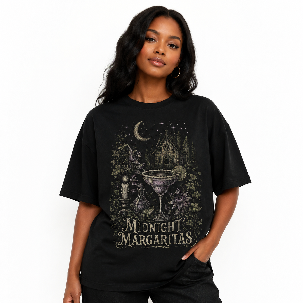 Women's Loose Oversized Washed-Finish Cotton T-Shirt with Dark Retro "Midnight Margarita" Print