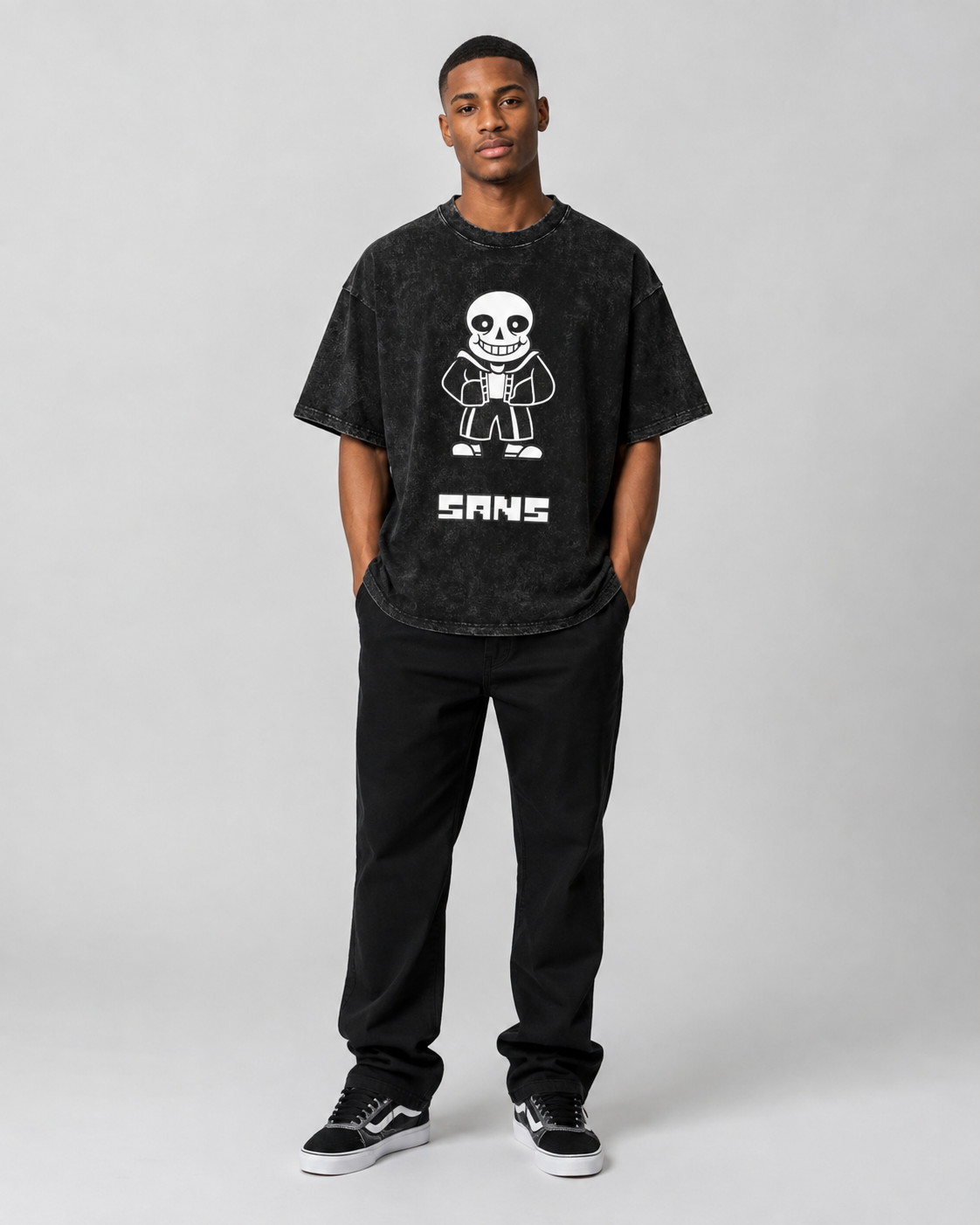 Undertale Sans Pixel Skull Stonewashed Distressed T-Shirt, Drop-Shoulder Loose Fit, Heavyweight Cotton, European and American Game Subculture Unisex Couple Retro Top