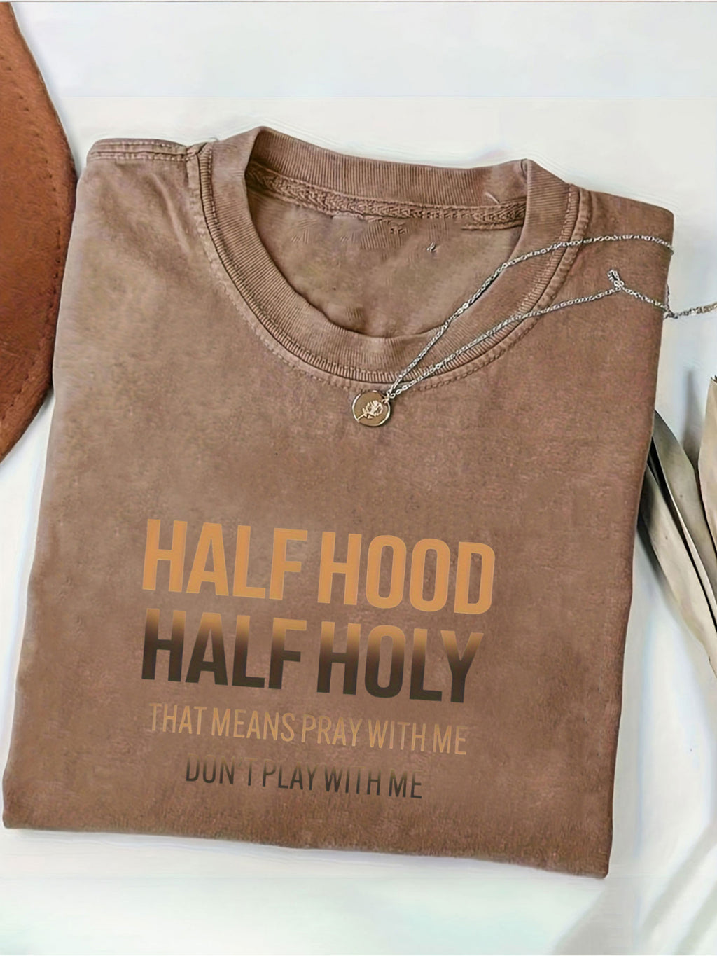 Men'S Heavyweight 230gsm 100% T-Shirt - Vintage Washed Retro Street Print with "Half Hood Half Holy" Text - Wrinkle-Resistant All-Season Round Neck Casual Tee for Casual Attire & Outdoor Activities - Thickened High-Quality Pure Adult Men'S Fashion T