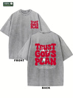 1pc Men's Heavyweight 230GSM Cotton T-Shirt - Vintage Streetwear "Trust in God's Plan" Red Print, Double-Sided Washed Crew Neck Loose Fit Shirt, All-Season Casual Top & Holiday Gift