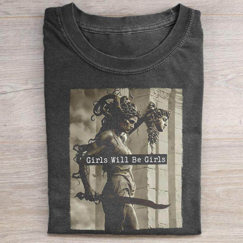 Girls Will Be Girls Vintage Washed Crew Neck Tee Regular Fit Casual Comfort Breathable Short Sleeve Funny T-shirts for Summer Fashion Men&Women's Top for Daily Wear 072305