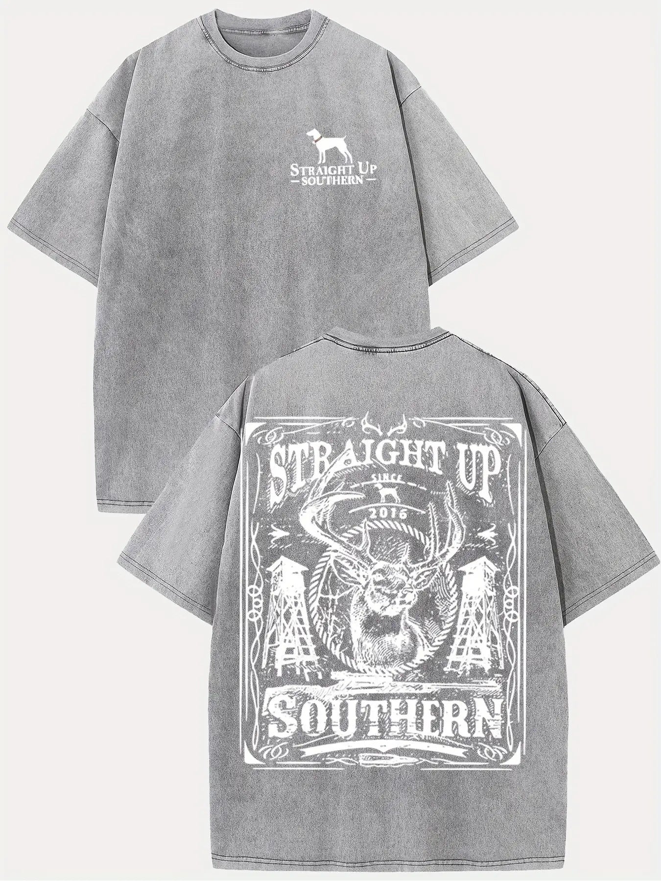 Men's Vintage Southern Deer & Double-Sided Graphic T-Shirt - 230g Washed Cotton Soft Round Neck Short Sleeve Tee with Retro Streetwear Deer Print - Casual Summer & Year-Round Comfortable Top