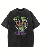 Men'S Vintage Washed T-Shirt | 'Never Trust the Living' Graphic with Snake and Skull Design, Off-Shoulder Cuffs, Crew Neck, Street Style, 250g, Suitable for Easter, Halloween, Thanksgiving, All-Season Wear