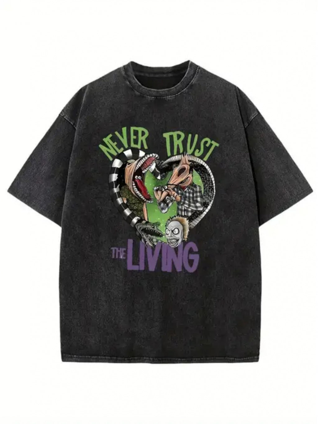 Men'S Vintage Washed T-Shirt | 'Never Trust the Living' Graphic with Snake and Skull Design, Off-Shoulder Cuffs, Crew Neck, Street Style, 250g, Suitable for Easter, Halloween, Thanksgiving, All-Season Wear