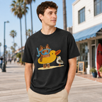 Summer Seaside-Themed Distressed Black Short-Sleeve T-Shirt – 100% Cotton, Oversized, Casual Tee Featuring a Cute Beach Kitten Cartoon