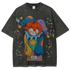 Hand-painted, colorful clown print, distressed wash, American heavyweight pure cotton, oversized, fun, retro, dopamine-inducing unisex T-shirt.