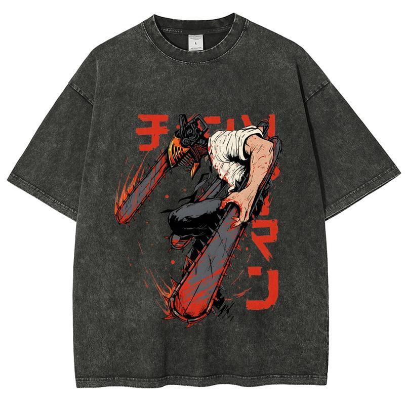 Japan Anime Chainsaw Man Denji Graphic Printed Tshirt multipurpose  Retro Washed Cotton High Street Casual T Shirt Unisex  Novelty Cool  High Quality T-shirts Menswear Top
