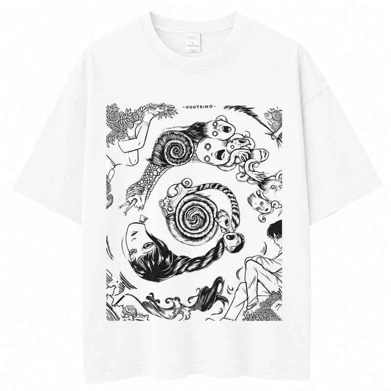 Vintage-Wash Short-Sleeve T-Shirt | Junji Ito "Uzumaki" Dark Manga All-Over Print (Unisex Oversized Fit)