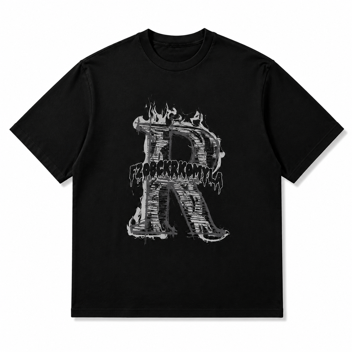 American High-Street Style Flame "R" Print Cotton Short-Sleeve T-Shirt – Distressed, Oversized, Heavyweight Streetwear Top for Women