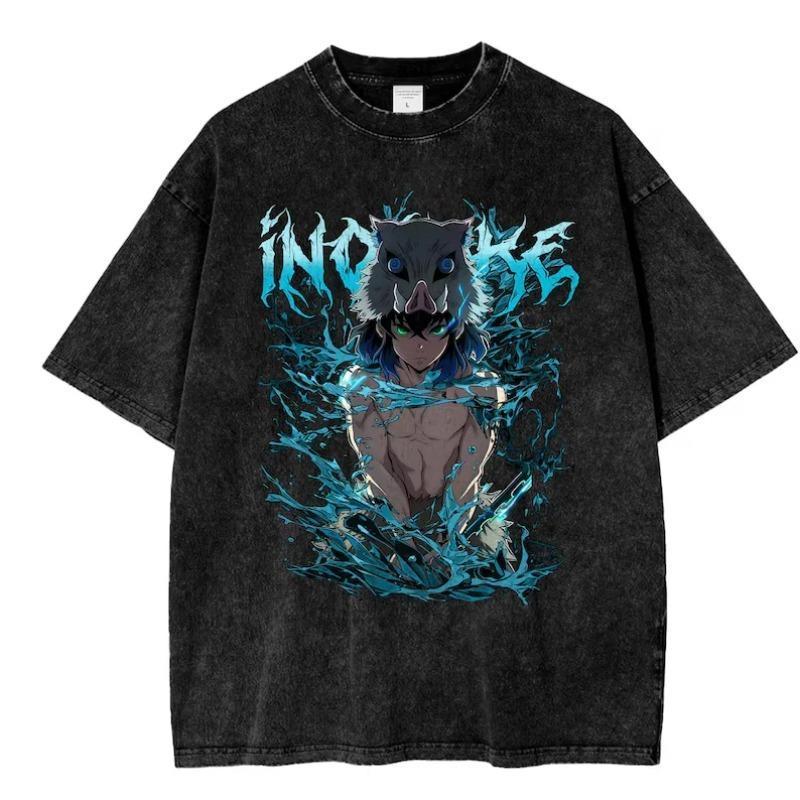 Anime Demon Slayer Hashibira Inosuke Print T-shirt Men Women Clothing Cotton Tshirt Vintage Washed T Shirt Harajuku Male Tops Womenswear Everyday