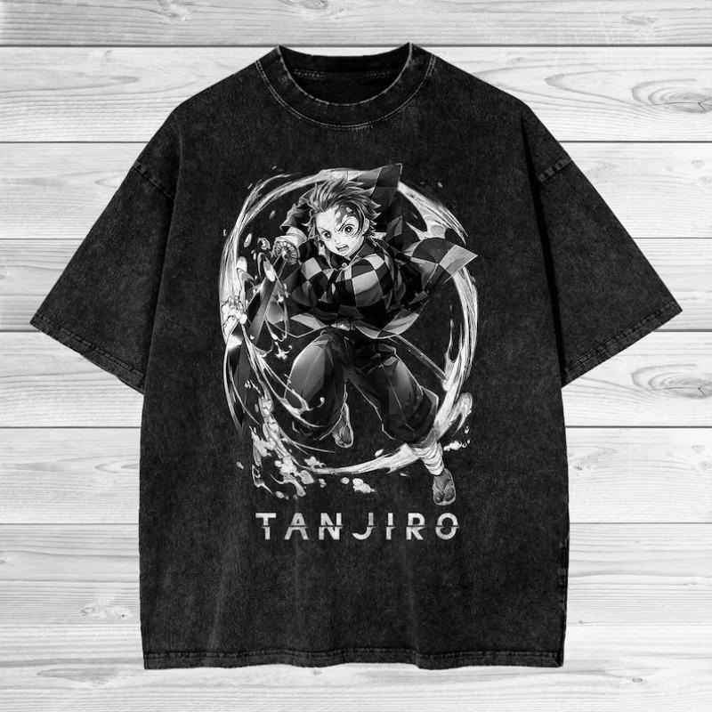 Manga Demon Slayer Tanjirou Printed Tee Men Short Sleeve Clothing Washed Cotton T-shirt Vintage Casual T Shirt Harajuku Tshirt Menswear Top