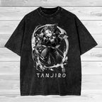 Manga Demon Slayer Tanjirou Printed Tee Men Short Sleeve Clothing Washed Cotton T-shirt Vintage Casual T Shirt Harajuku Tshirt Menswear Top