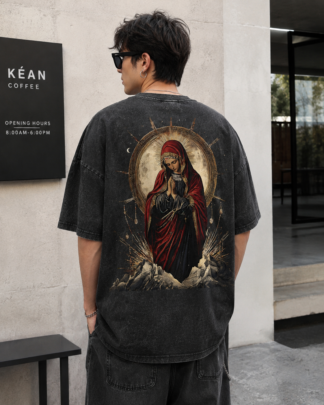 American-style vintage-wash heavyweight T-shirt featuring a Sacred Heart of the Virgin Mary print; unisex, loose-fitting, Gothic retro style.