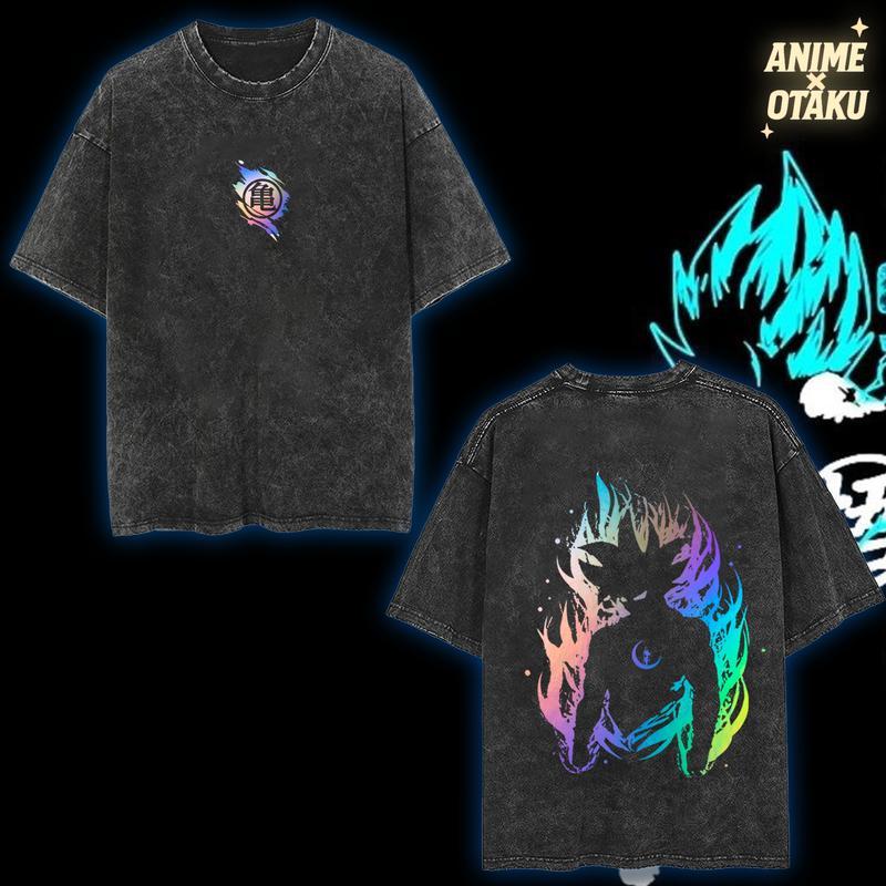 [SPECIAL] Hologram Edition Almighty Goku Vintage Unisex Oversize Anime Manga Acid Washed T-shirt, graphic tee, outfits graphic tees boys Men's Letter Print Round Neck streetwear