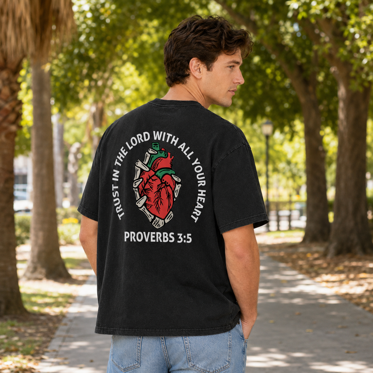 American-style "Proverbs 3:5" graphic T-shirt—oversized, 100% cotton, black with a vintage wash, and featuring double-sided prints.